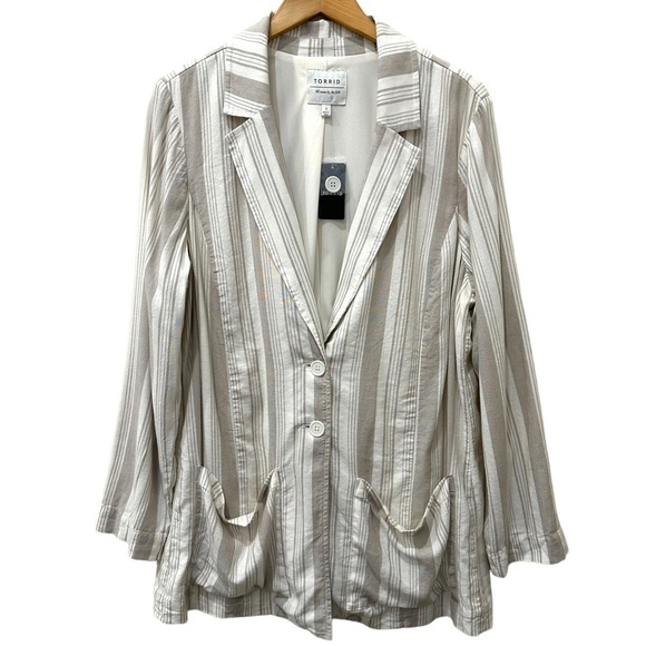 Torrid‎ Linen Blend Blazer Sz 2X Neutral Tan Stripe Lined Lightweight Jacket NEW - Picture 1 of 7